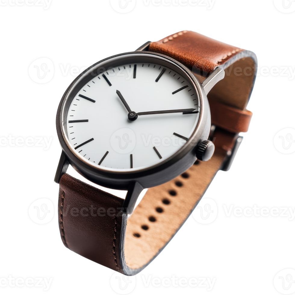 Classic Leather Strap Watch Design on transparent background. png