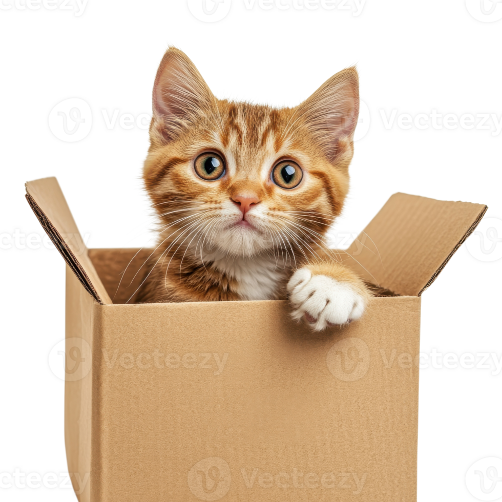Adorable Kitten in Box White Background on transparent background. png