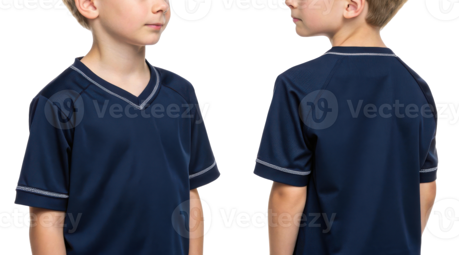 young boy models navy soccer jersey mockup showcasing its front and back design. jersey features sporty style perfect for active play png
