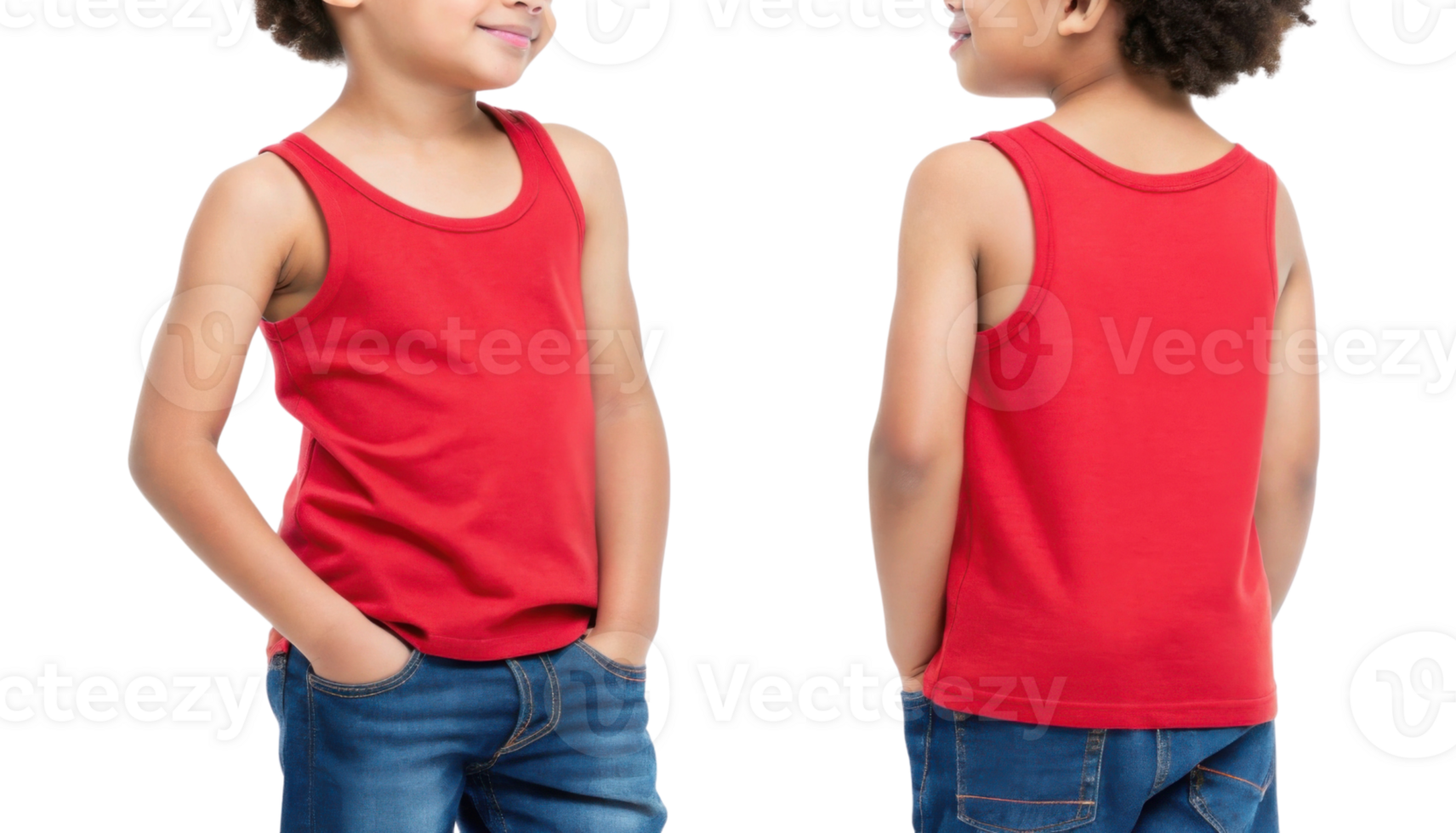 vibrant red tank top mockup showcases young child confidently posing with hands in pockets, perfect for casual wear png