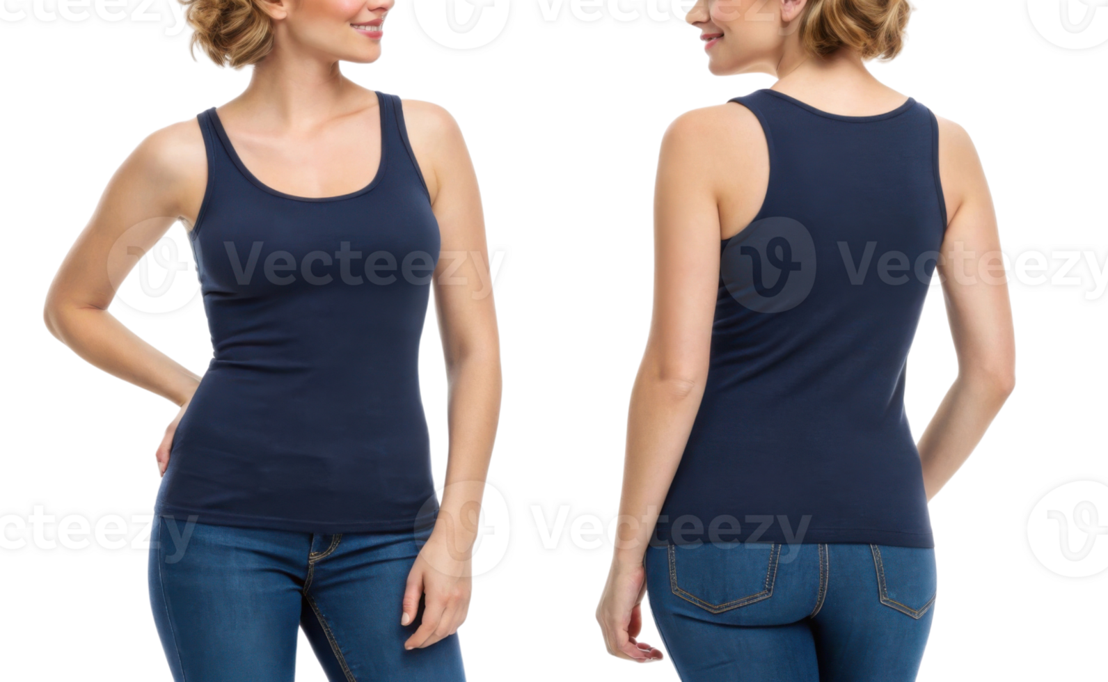 stylish tank top mockup showcasing woman in navy blue design, perfect for casual wear and versatile styling options png