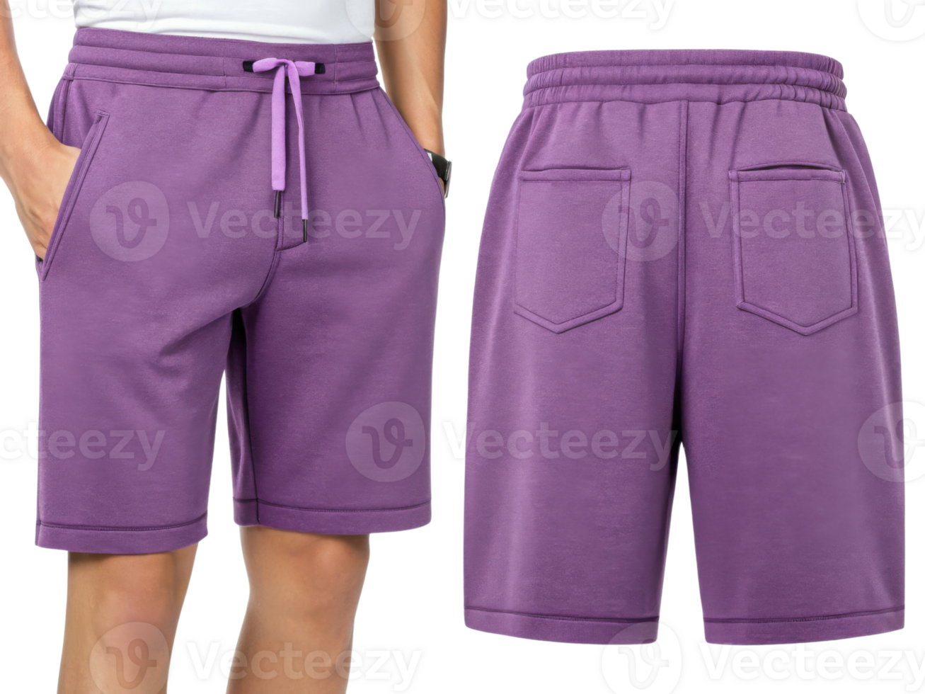 Comfortable purple shorts mockup featuring stylish design with pockets and adjustable waistband, perfect for casual wear png