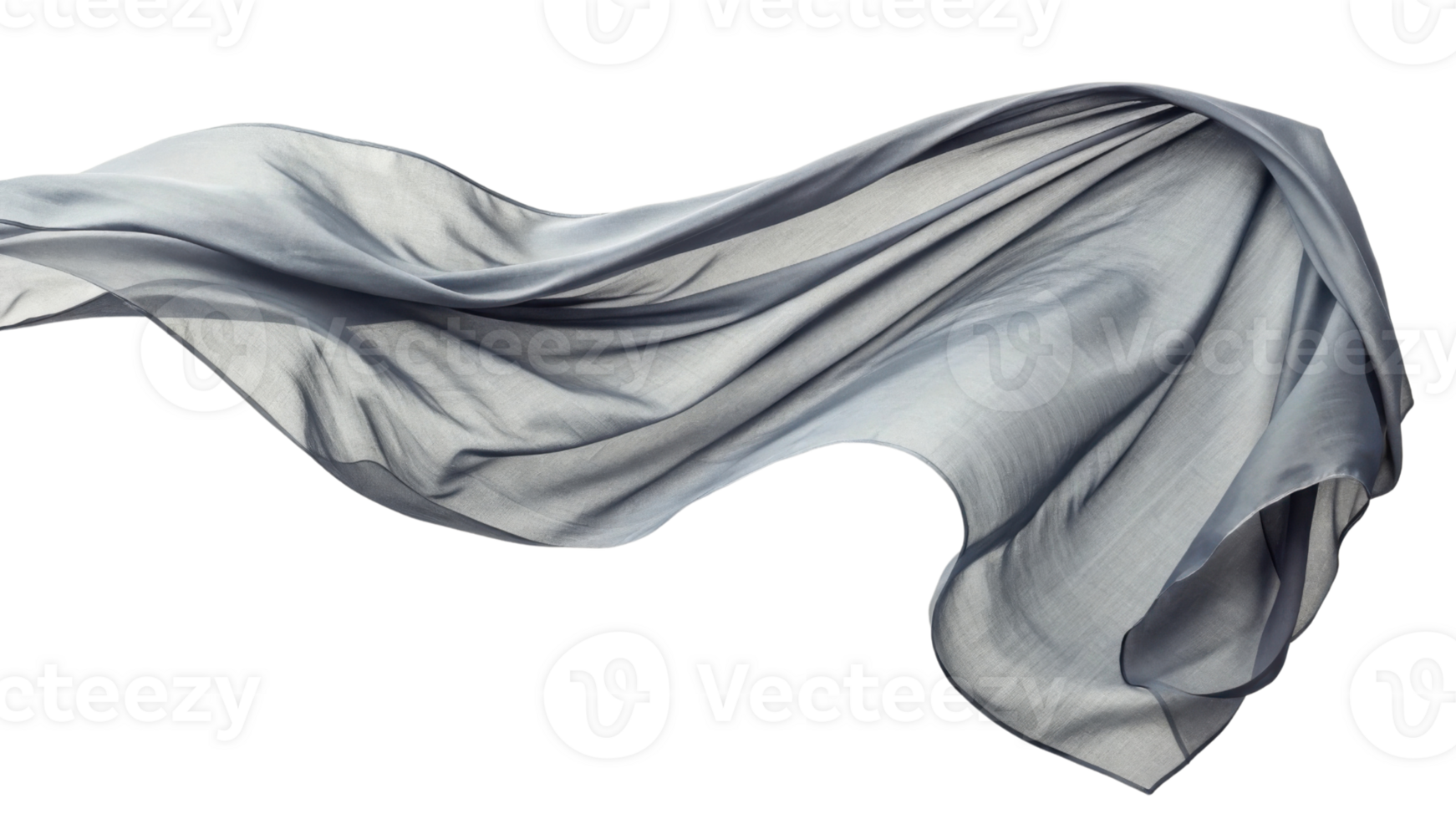 flowing piece of sheer fabric in soft gray tones, creating elegant and airy appearance. fabric movement adds sense of grace and fluidity png