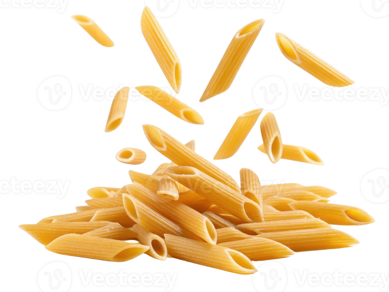 Penne pasta falling in dynamic arrangement, showcasing its unique shape and texture, perfect for culinary presentations png