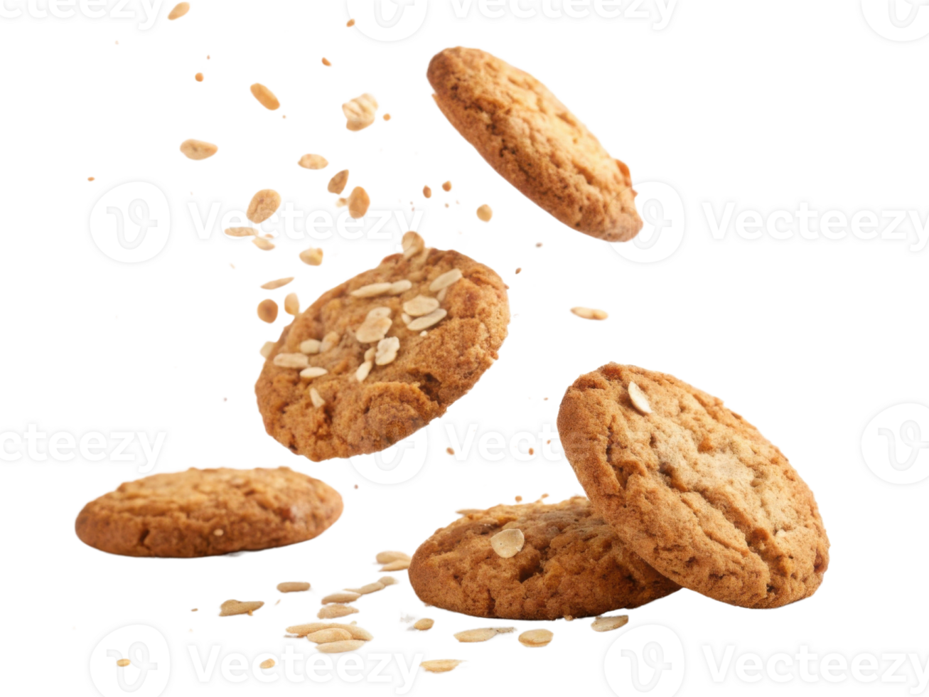 Delicious cookies with oats are falling in mid air, creating delightful scene of sweetness and texture png