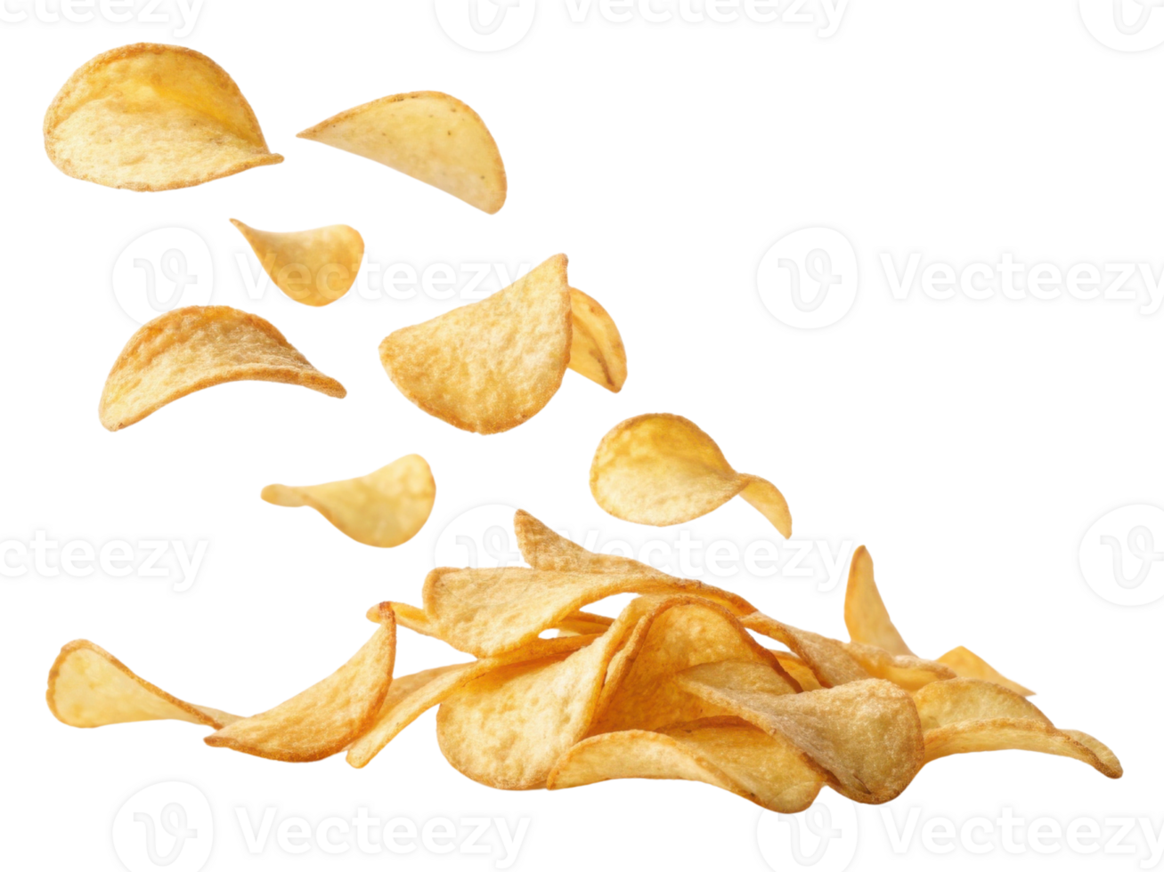 Crispy potato chips are flying in air, creating playful and dynamic scene that captures essence of snacking joy png