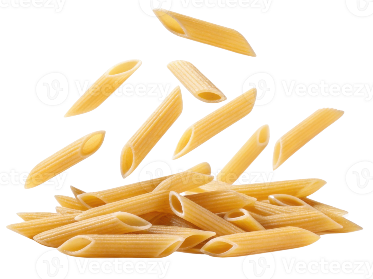 Pasta in various shapes, including penne, is scattered against transparent background, showcasing its texture and color png
