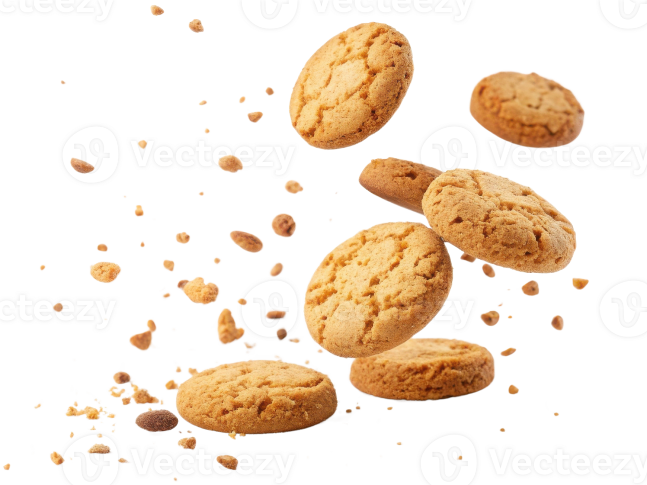 Delicious cookies falling with crumbs creating delightful scene of sweetness and texture png