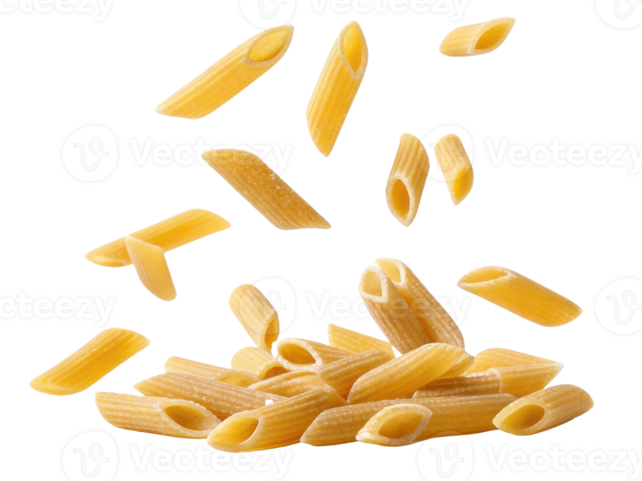 Pasta pieces in various shapes are scattered, showcasing their texture and color, creating dynamic and appetizing scene png
