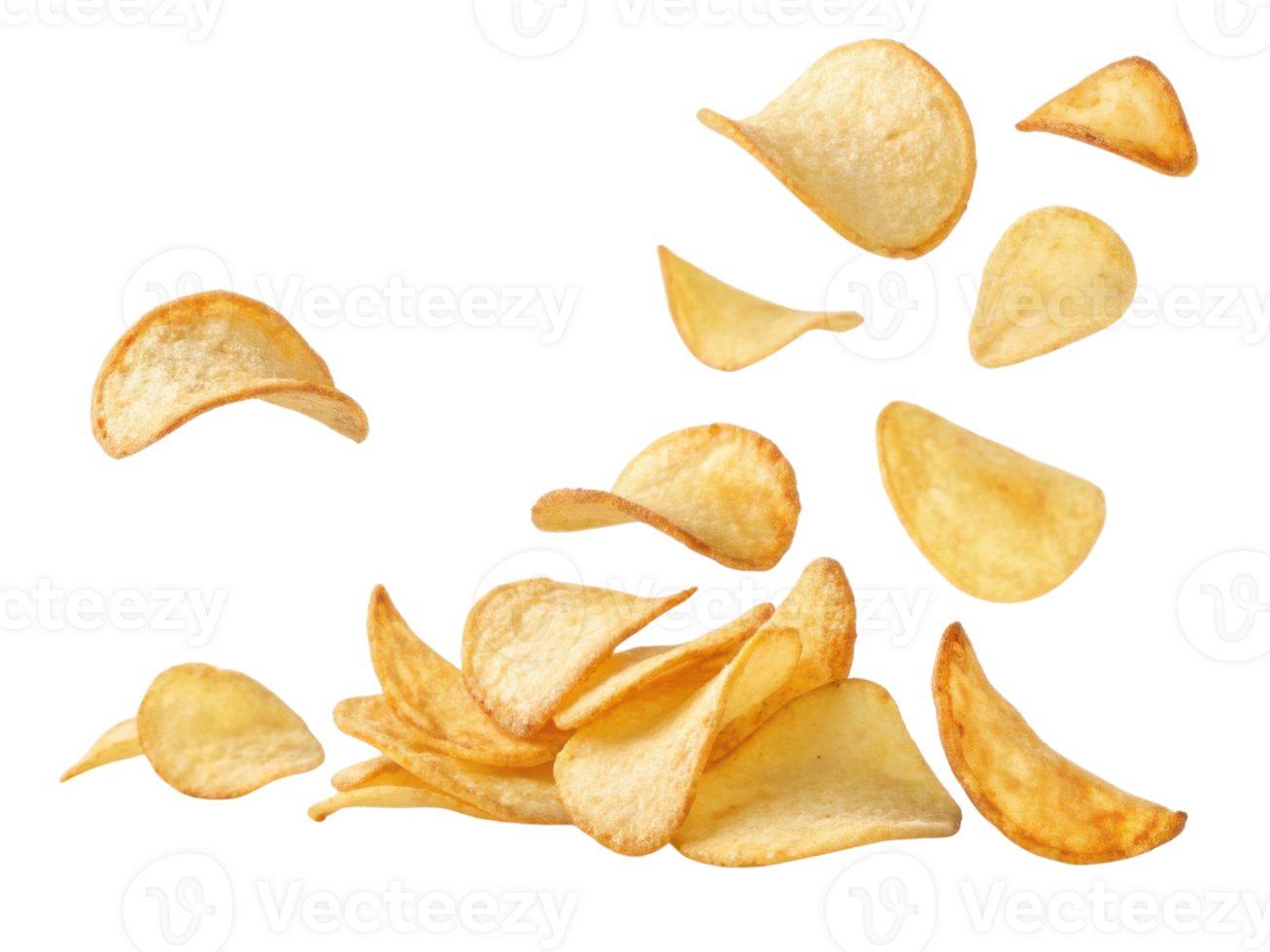 Crispy potato chips scattered on transparency background, showcasing their golden color and unique shapes, evoke sense of snack time joy png