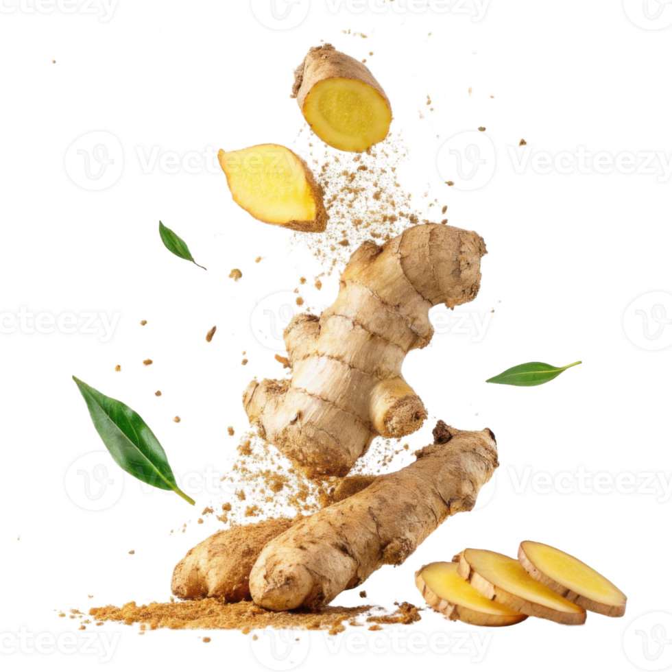 Fresh ginger root with slices and leaves, showcasing its natural texture and vibrant color, evokes sense of health and vitality png