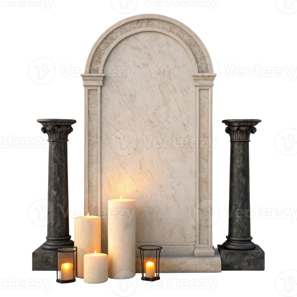 solemn gravestone surrounded by lit candles and decorative columns, creating peaceful and reflective atmosphere png