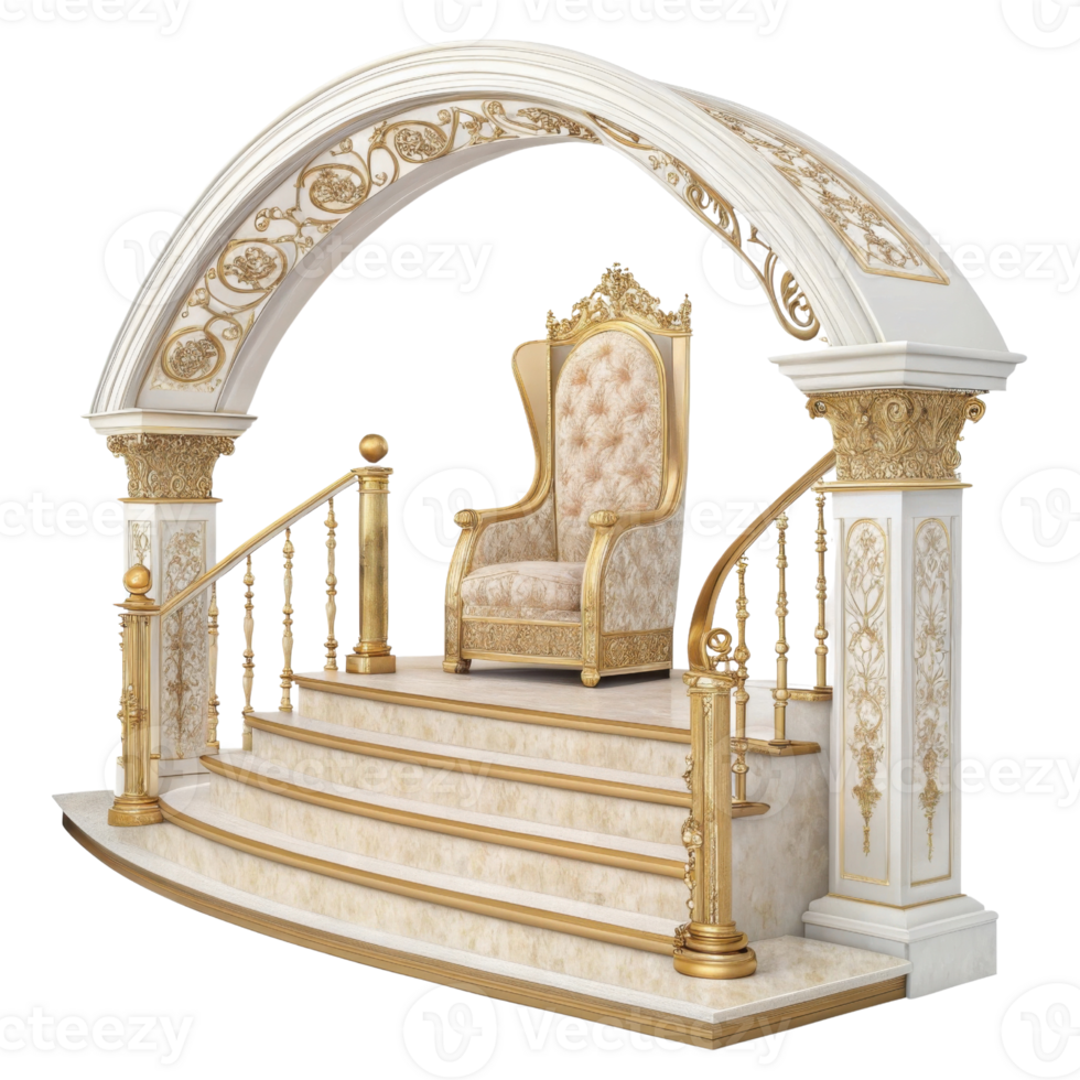 Luxurious throne with ornate details, set on grand staircase under elegant arch, exuding royal elegance and sophistication png