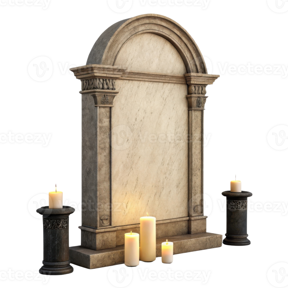 decorative stone monument with arched top, surrounded by lit candles, creating serene and reflective atmosphere png