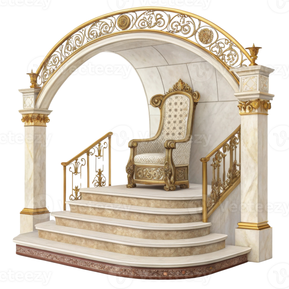 luxurious throne on grand staircase with ornate details and golden accents, exuding elegance and sophistication png