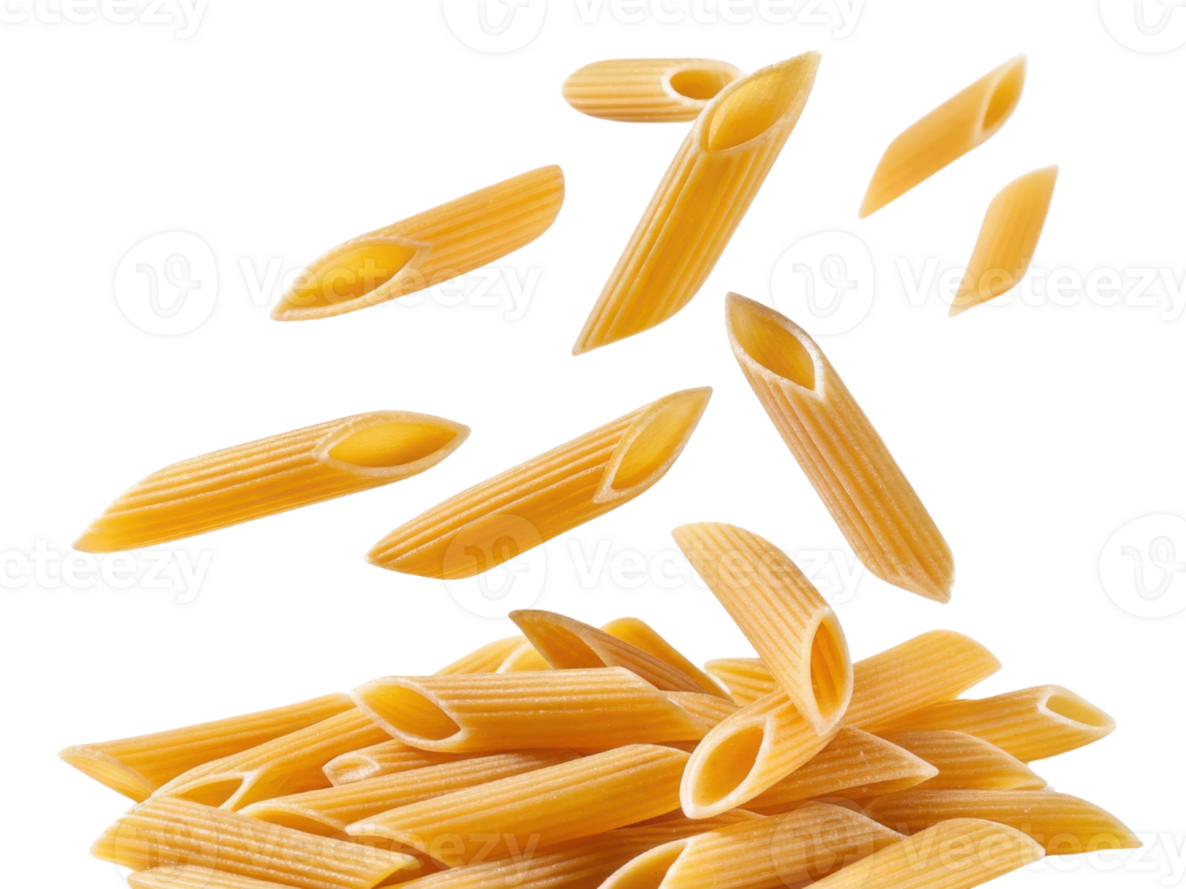 Penne pasta in various positions, showcasing its unique shape and texture, evokes sense of culinary creativity and delicious meals png