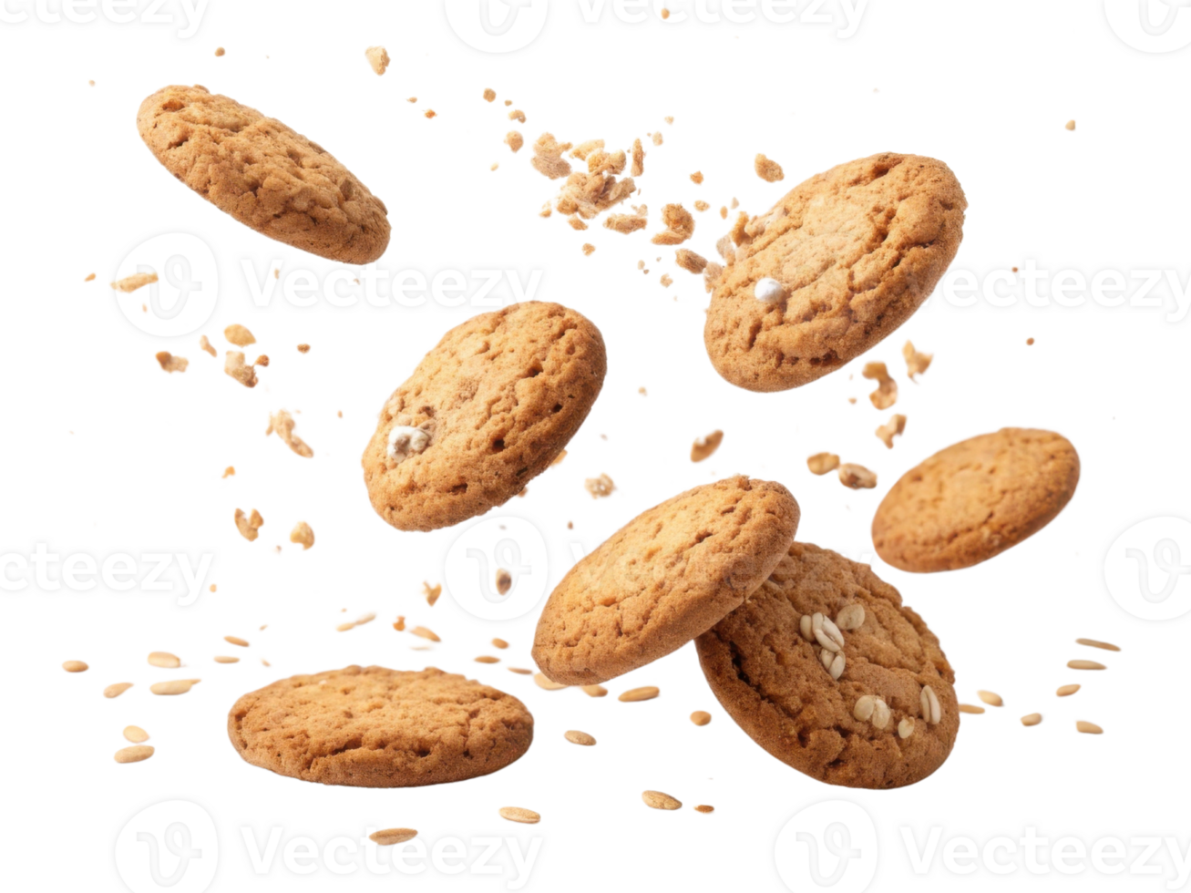Delicious cookies falling with oats scattered around, creating delightful scene of baked treats png