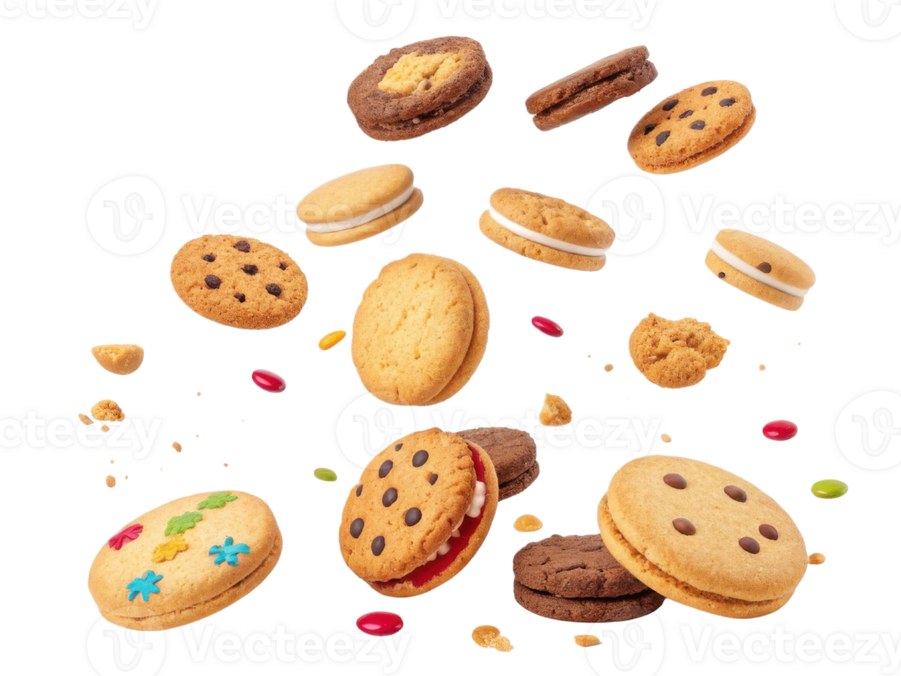 delightful assortment of cookies, featuring chocolate chip, cream filled, and decorated varieties, creating joyful and tempting scene png