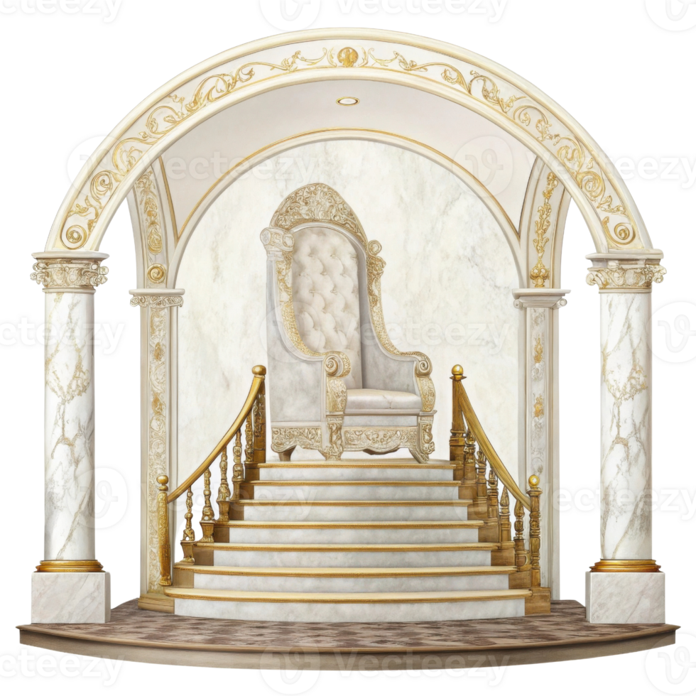 luxurious throne on grand staircase, surrounded by elegant columns and ornate details, exuding opulence and sophistication png