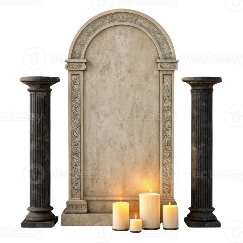 decorative gravestone surrounded by two ancient columns and lit candles, creating serene and reflective atmosphere png