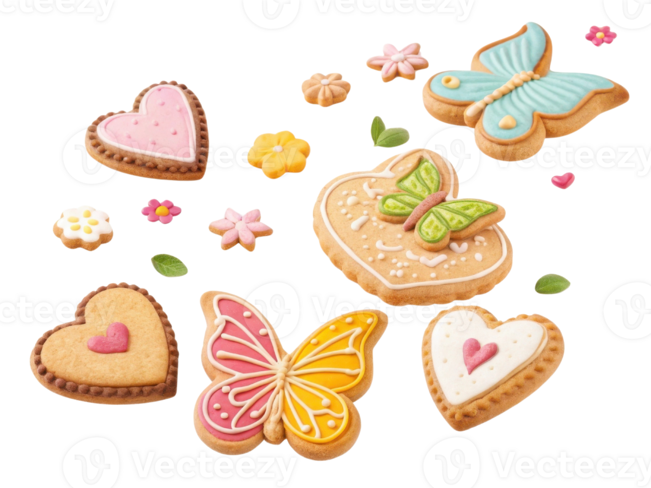 Colorful cookies in various shapes including hearts and butterflies, decorated with icing and sprinkles, evoke cheerful atmosphere png