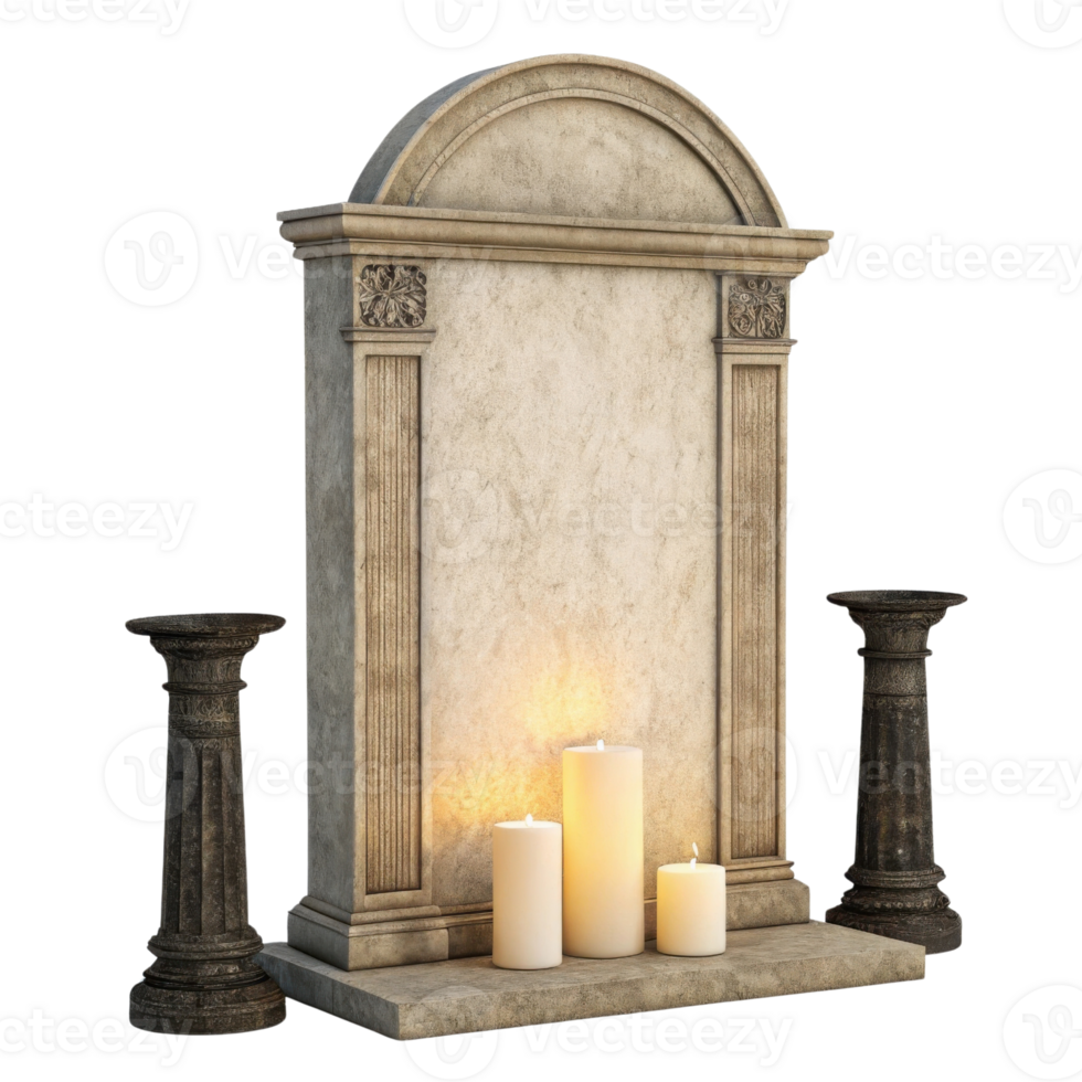 decorative stone monument with arched top, flanked by two candle holders and three lit candles, creates serene atmosphere png