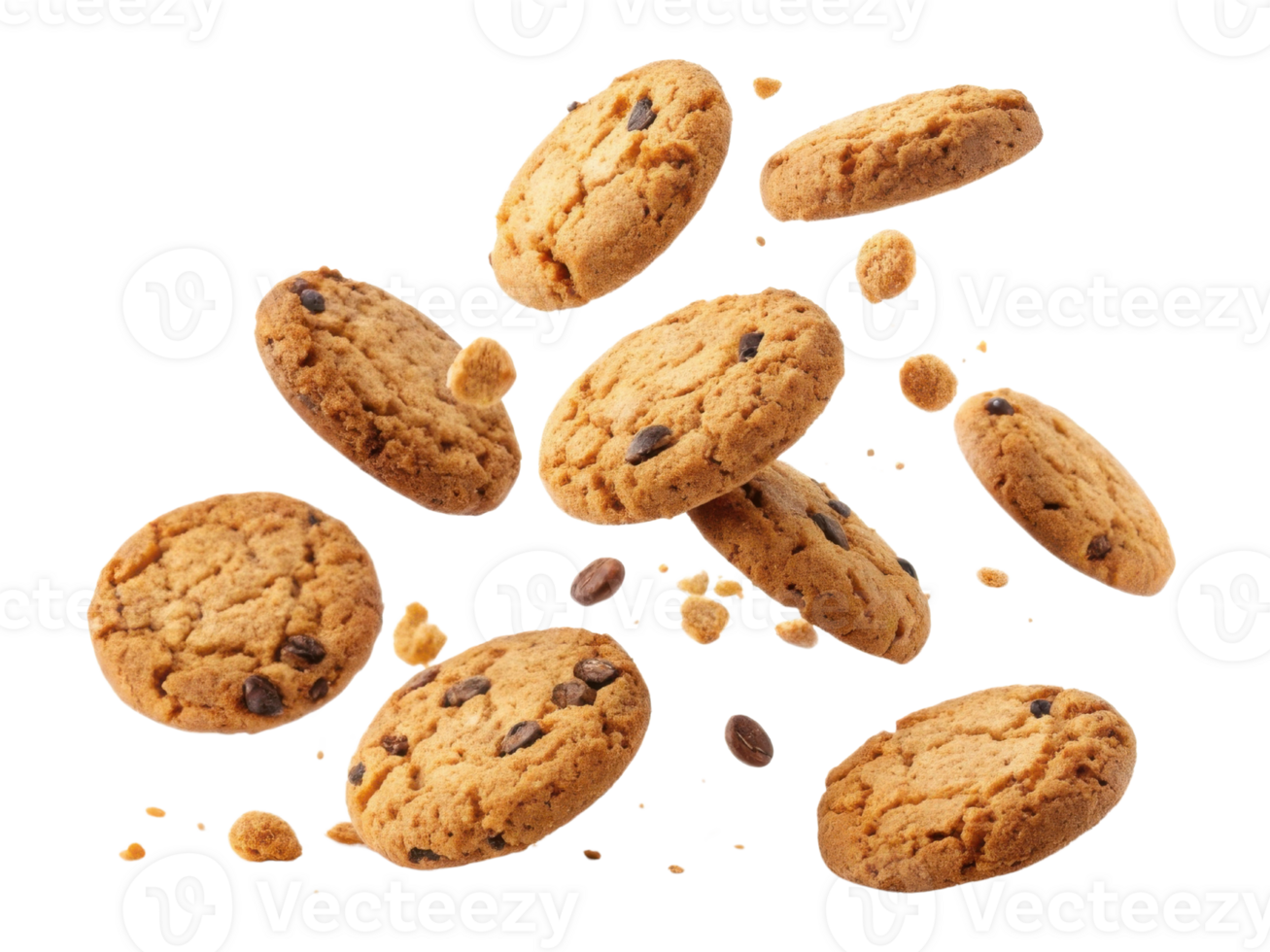 Delicious chocolate chip cookies falling in delightful scatter, evoking sense of joy and indulgence png