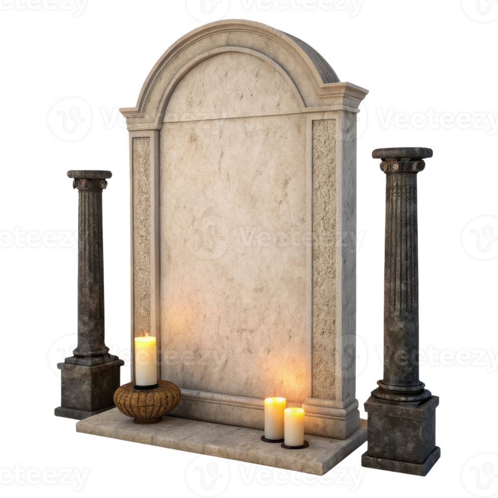 decorative stone memorial with arched top, flanked by two columns, features lit candles and woven basket, creating serene atmosphere png