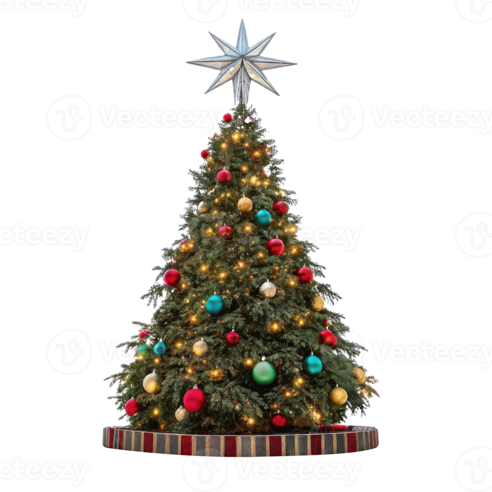 beautifully decorated Christmas tree with colorful ornaments and star on top, radiating festive cheer and warmth png