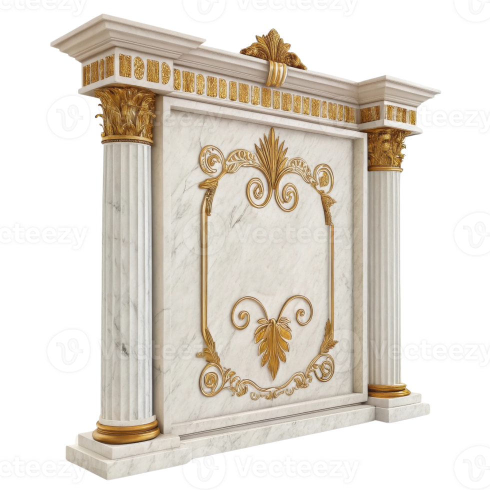 Elegant marble fireplace with ornate golden accents and detailed carvings, showcasing classic architectural design png
