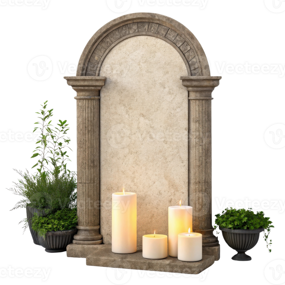 decorative stone memorial with four lit candles and potted plants, creating serene atmosphere for remembrance png