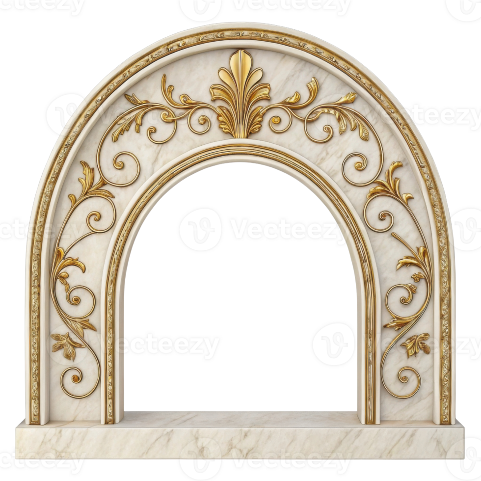 Elegant marble arch with intricate golden floral designs, perfect for luxurious decor or architectural elements png
