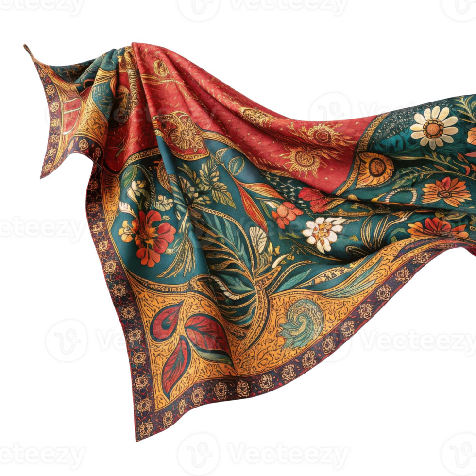 Elegant silk scarf with intricate floral patterns and vibrant colors, showcasing blend of red, green, and gold tones png