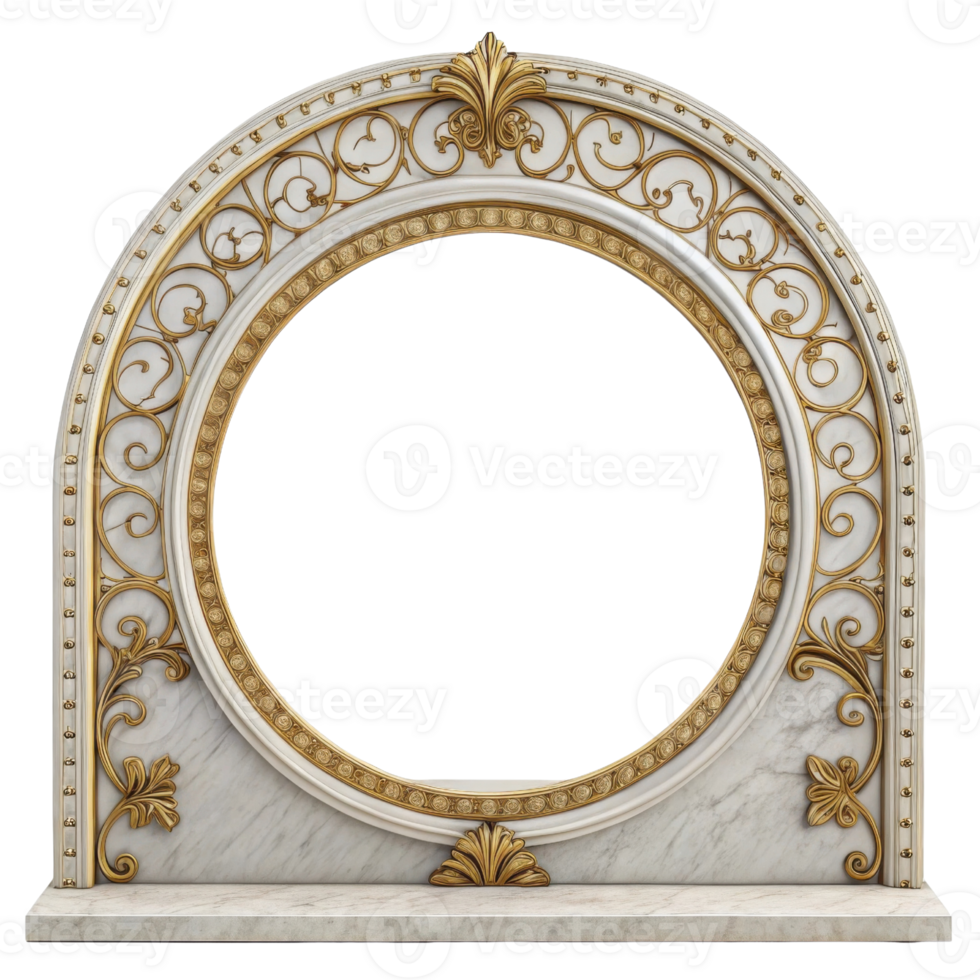 Elegant decorative mirror frame with intricate gold detailing and marble base, perfect for enhancing any interior space png
