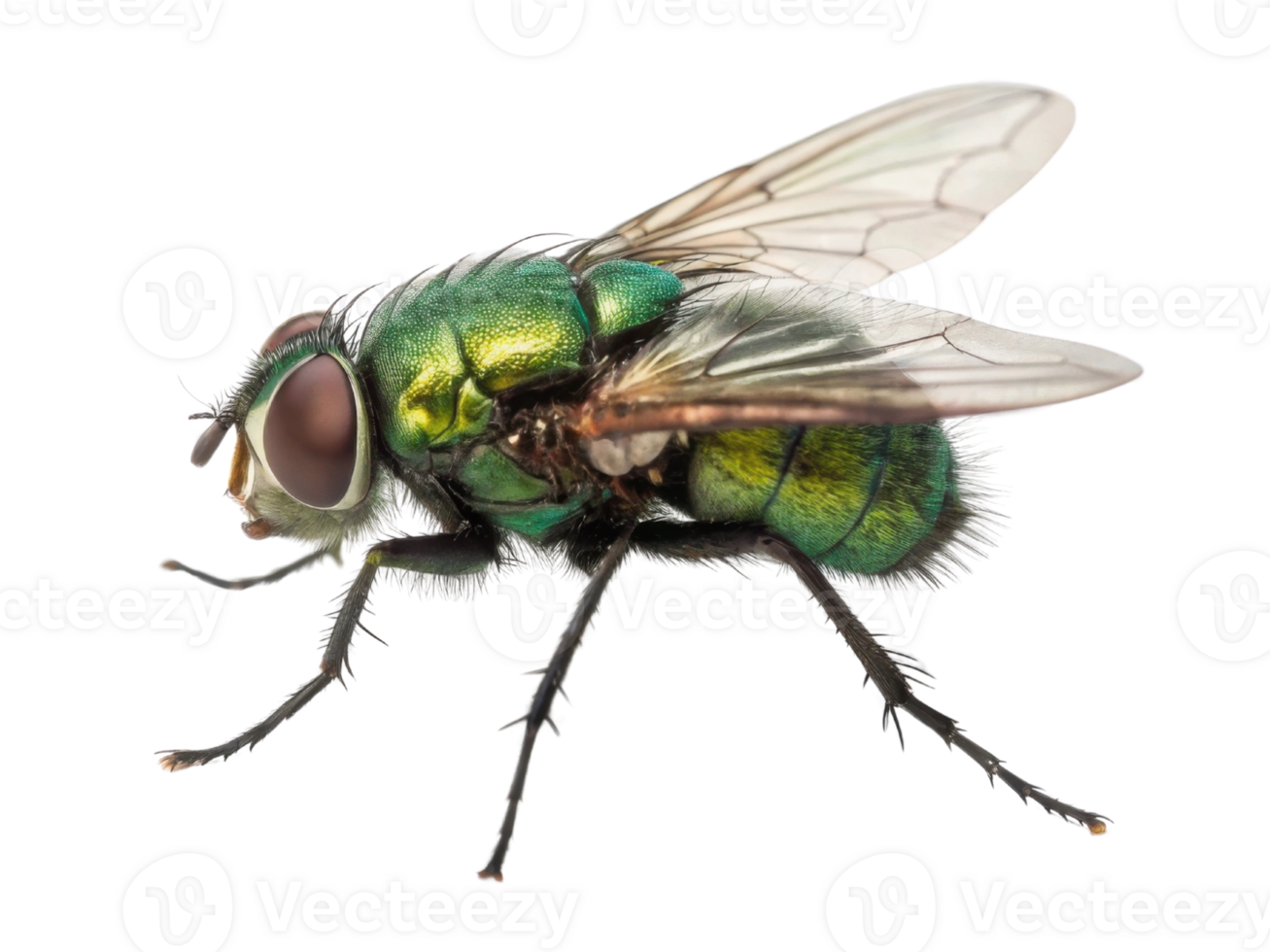 close up view of vibrant green fly showcasing its intricate details and iridescent body. image captures beauty of nature small creatures png