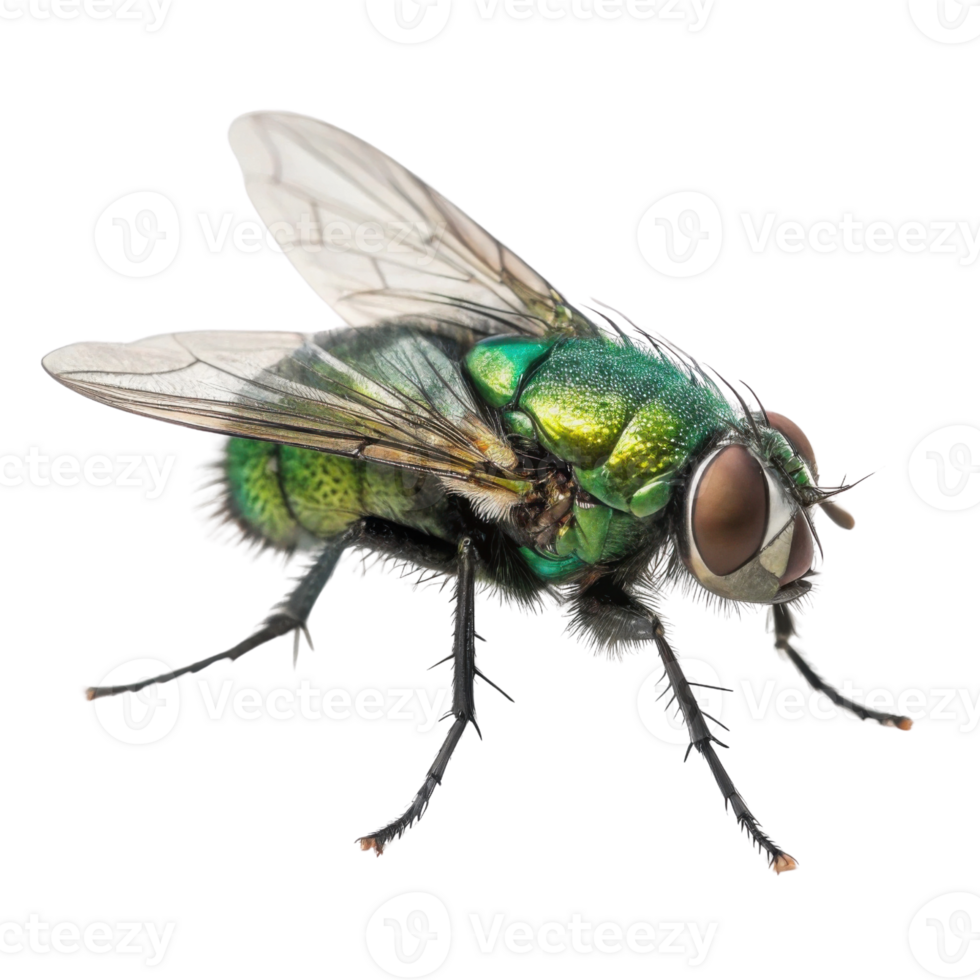 close up image of vibrant green fly with detailed wings and body, showcasing its intricate features and colors png
