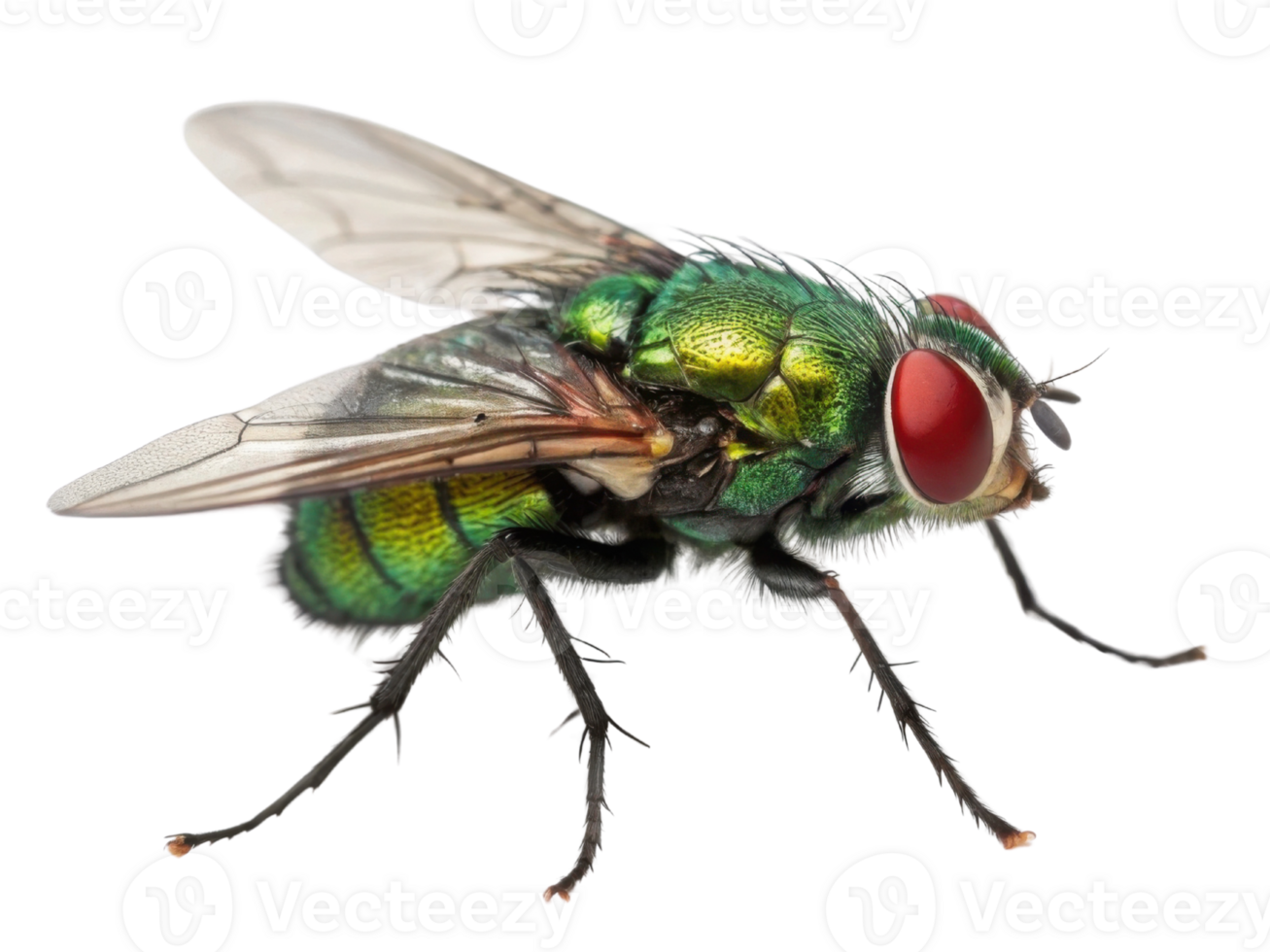 close up view of vibrant green fly with striking red eyes, showcasing its intricate details and delicate wings. This insect is often found various png