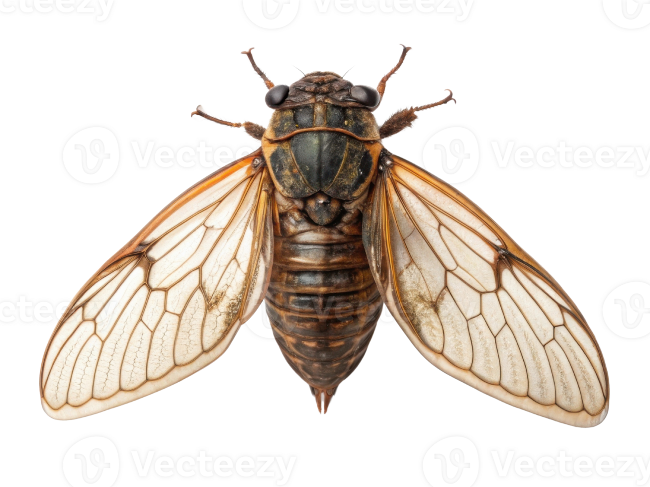 detailed close up of cicada showcasing its intricate wings and body structure, highlighting its natural beauty and unique features png