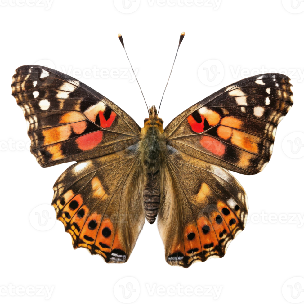 vibrant butterfly with intricate patterns and colors, showcasing orange, black, and yellow hues, resting with its wings spread wide png