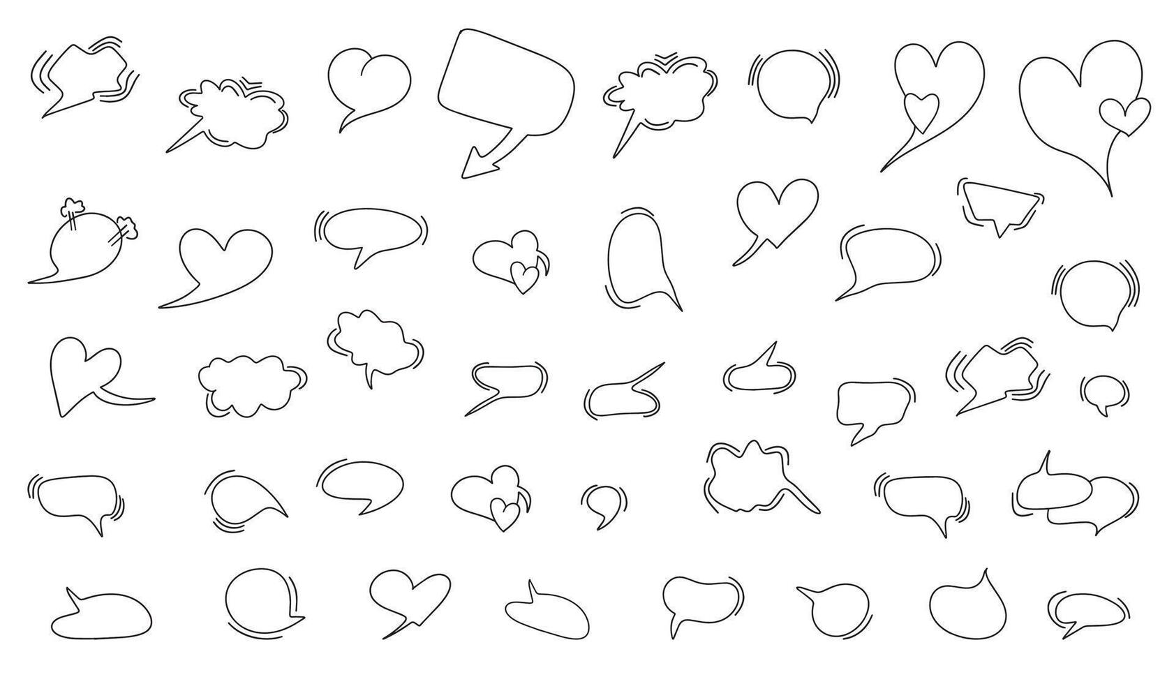 Large set of dialog boxes, hand drawn variants of different shapes. Collection of speech bubbles for conversation, dialogue, doodle style design on white background vector