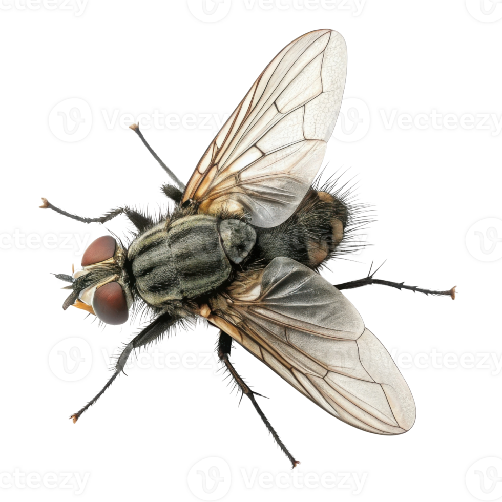 detailed close up of fly showcasing its intricate features, including wings and body structure, highlighting its unique anatomy and textures png