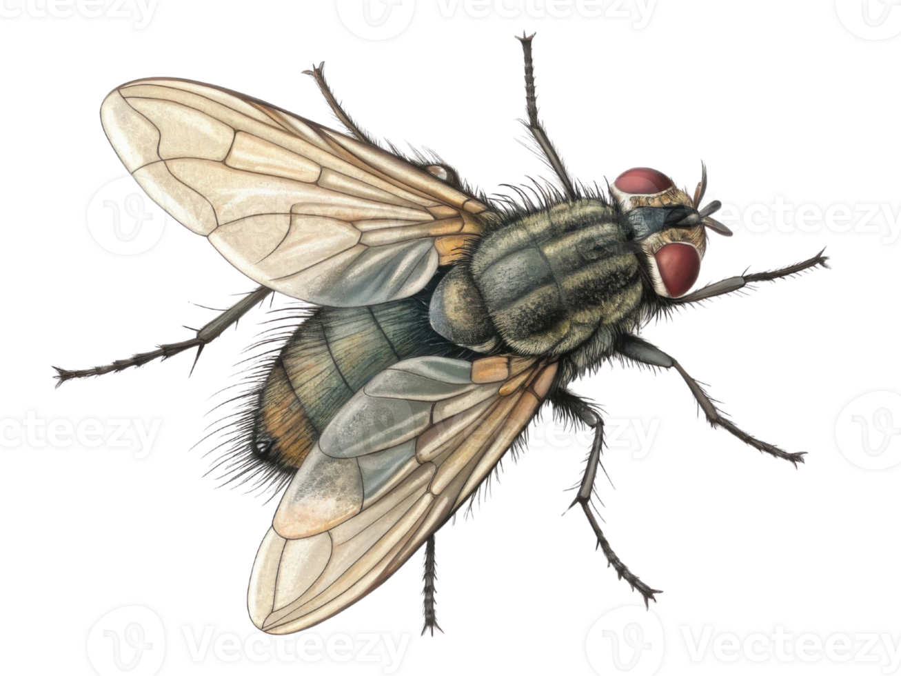 detailed illustration of fly showcasing its intricate features, including wings, body structure, and coloration, emphasizing its natural beauty png