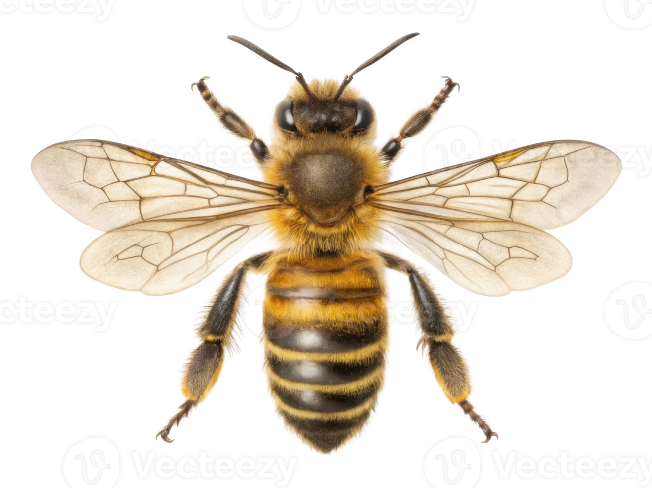 detailed close up of bee showcasing its intricate wings and striped body, highlighting its role in nature and pollination png