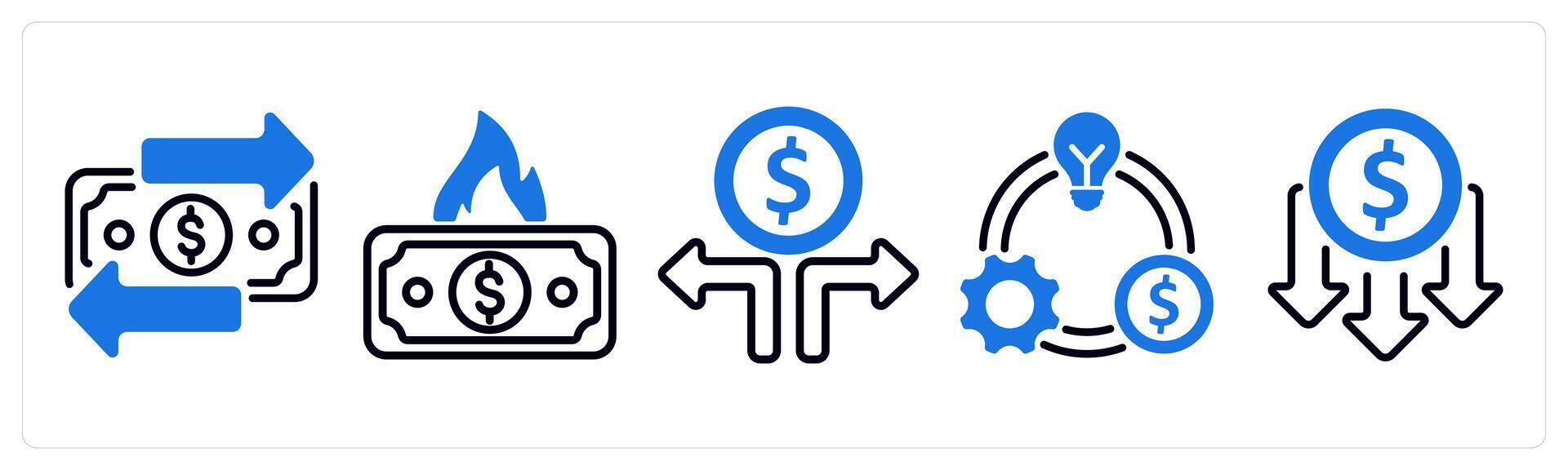 Set of 5 business icons as transaction, money burning, money decision vector