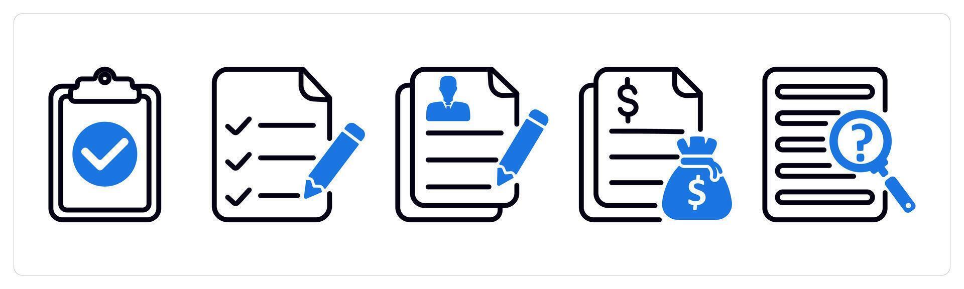 Set of 5 business icons as task done, checklist, job application vector