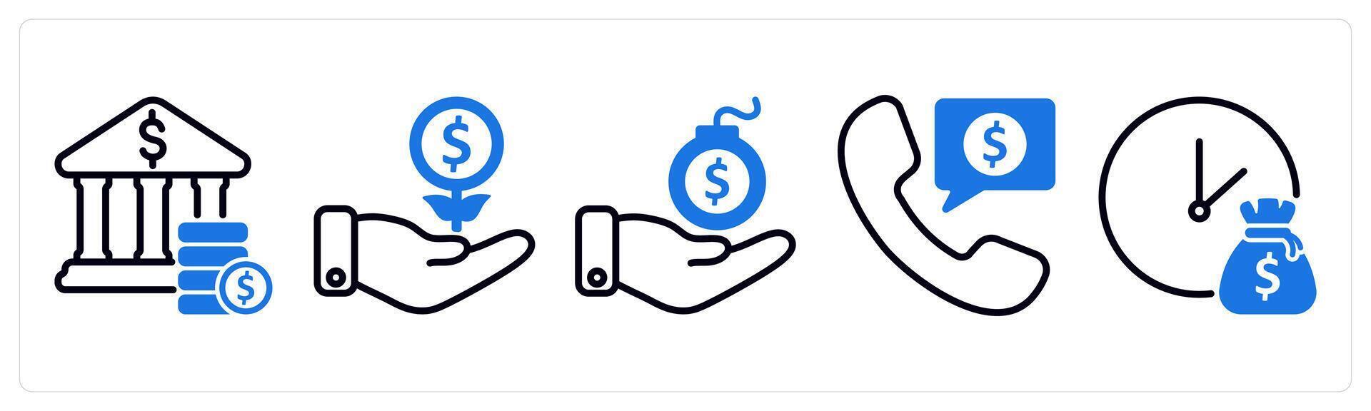 Set of 5 business icons as bank savings, investment growth, debt vector