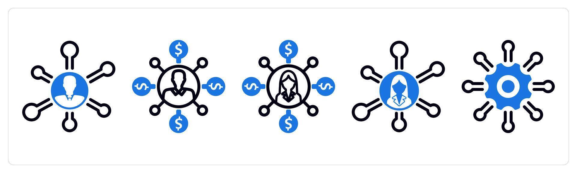 Set of 5 business icons as business network, affiliate marketing, support network vector