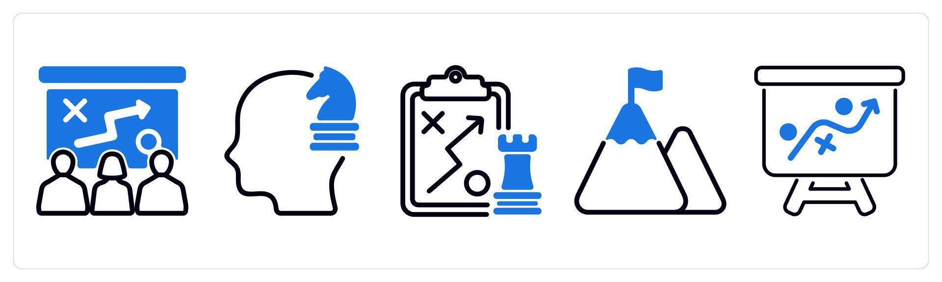 Set of 5 business icons as presenting tactics, strategic thinking, tactics vector