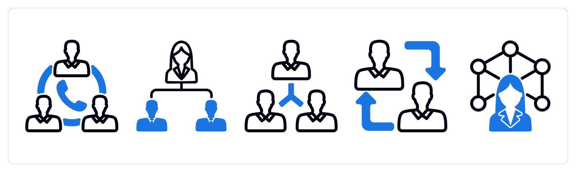 Set of 5 business icons as team communication, business hierarchy, user network vector