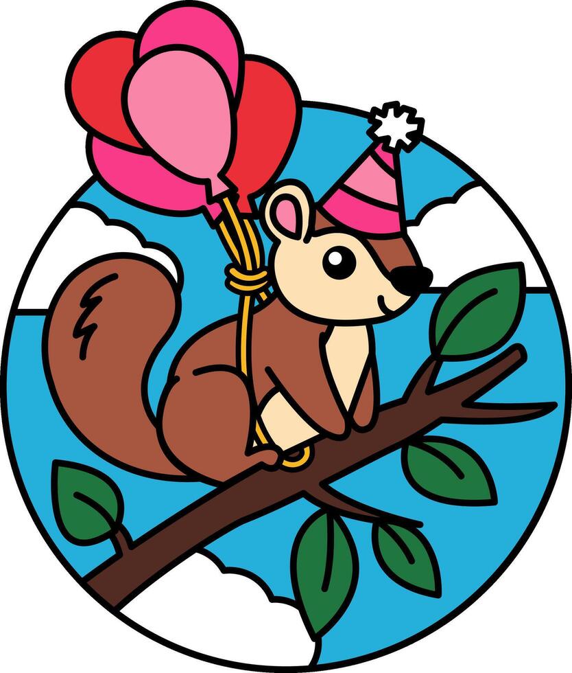 isolate illustration of Squirrel wearing a party hat and having balloons wrapped around it vector